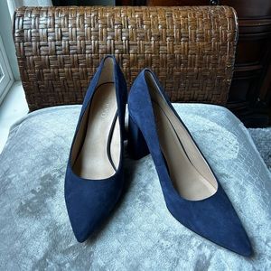 Blue Suede Block Heel Pump with 3.5” heel